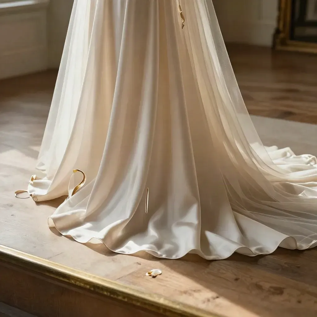 Champagne dress overlay on satin with veil comb and ribbon tail, softly lit bridal still life.