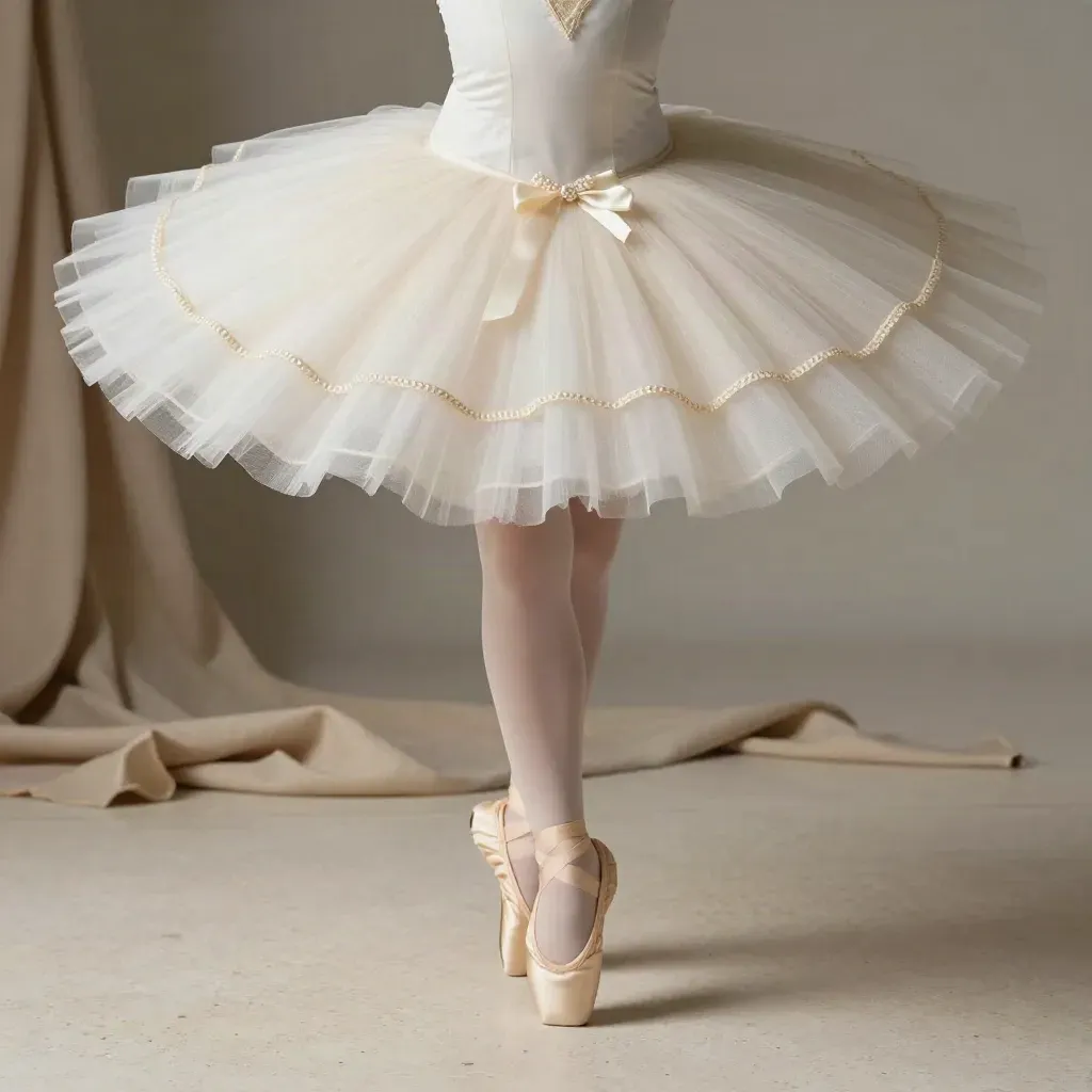 Ivory dance tutu layer in halo rings with pearl bow and trim coil on pale stone