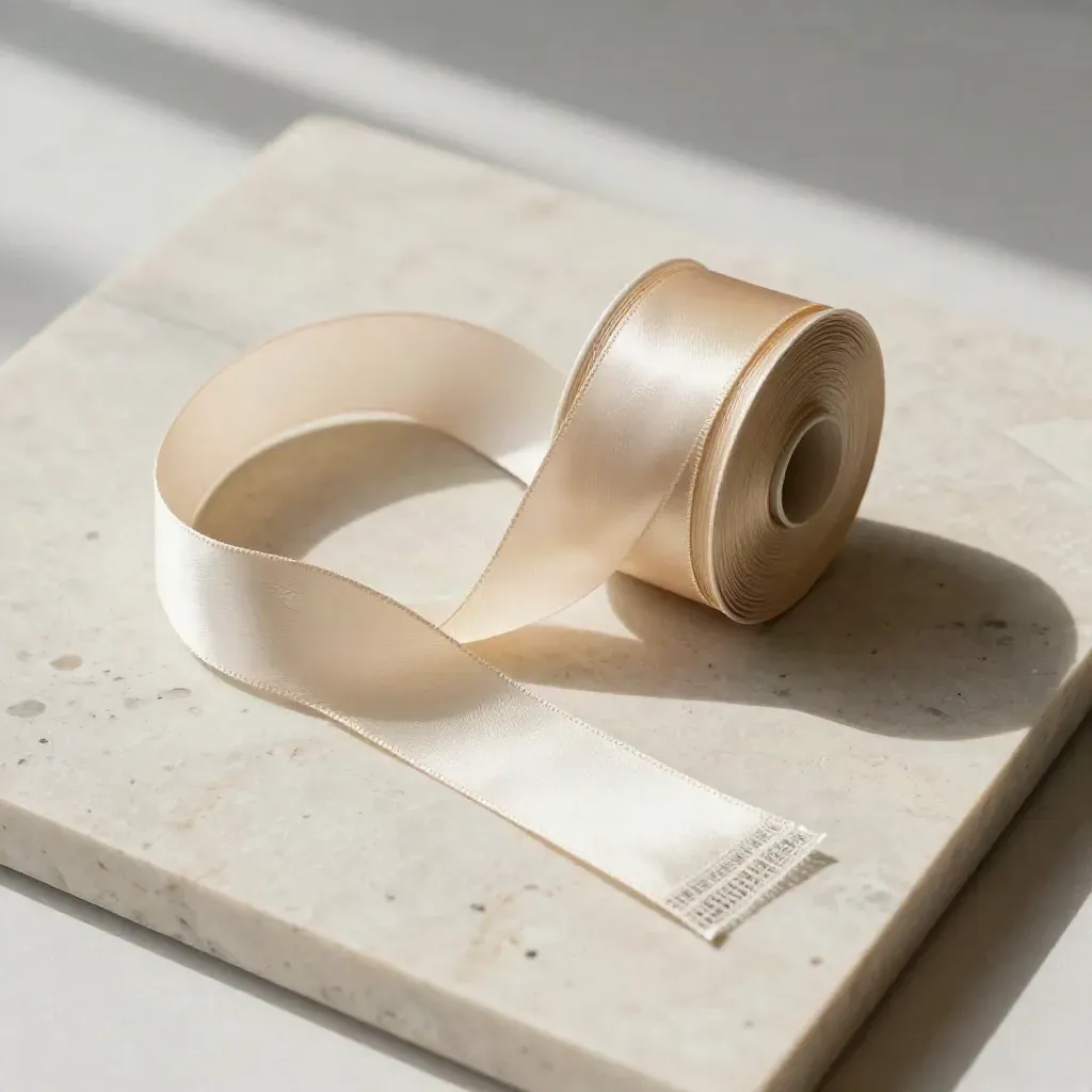 Champagne satin ribbon roll with loops and veil mesh on pale stone, overhead flatlay
