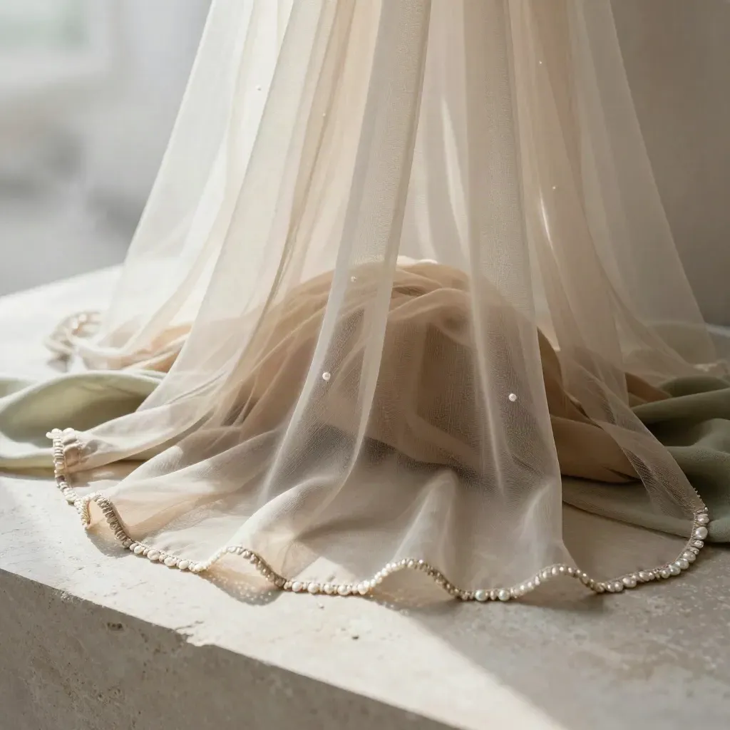 Sheer tulle sleeve overlay floating over muslin with a veil edge and trim sample