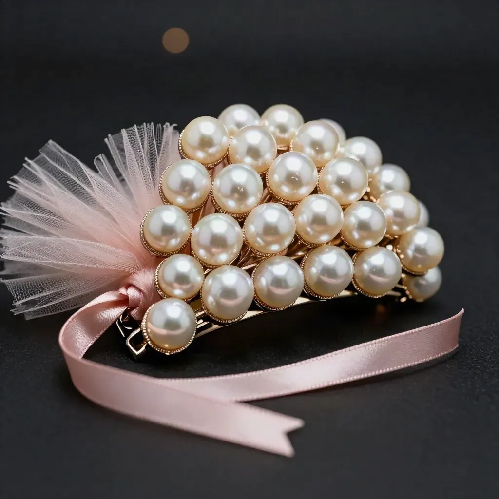 Pearl bow hair clips clustered beside blush tulle and satin ribbon on matte black.