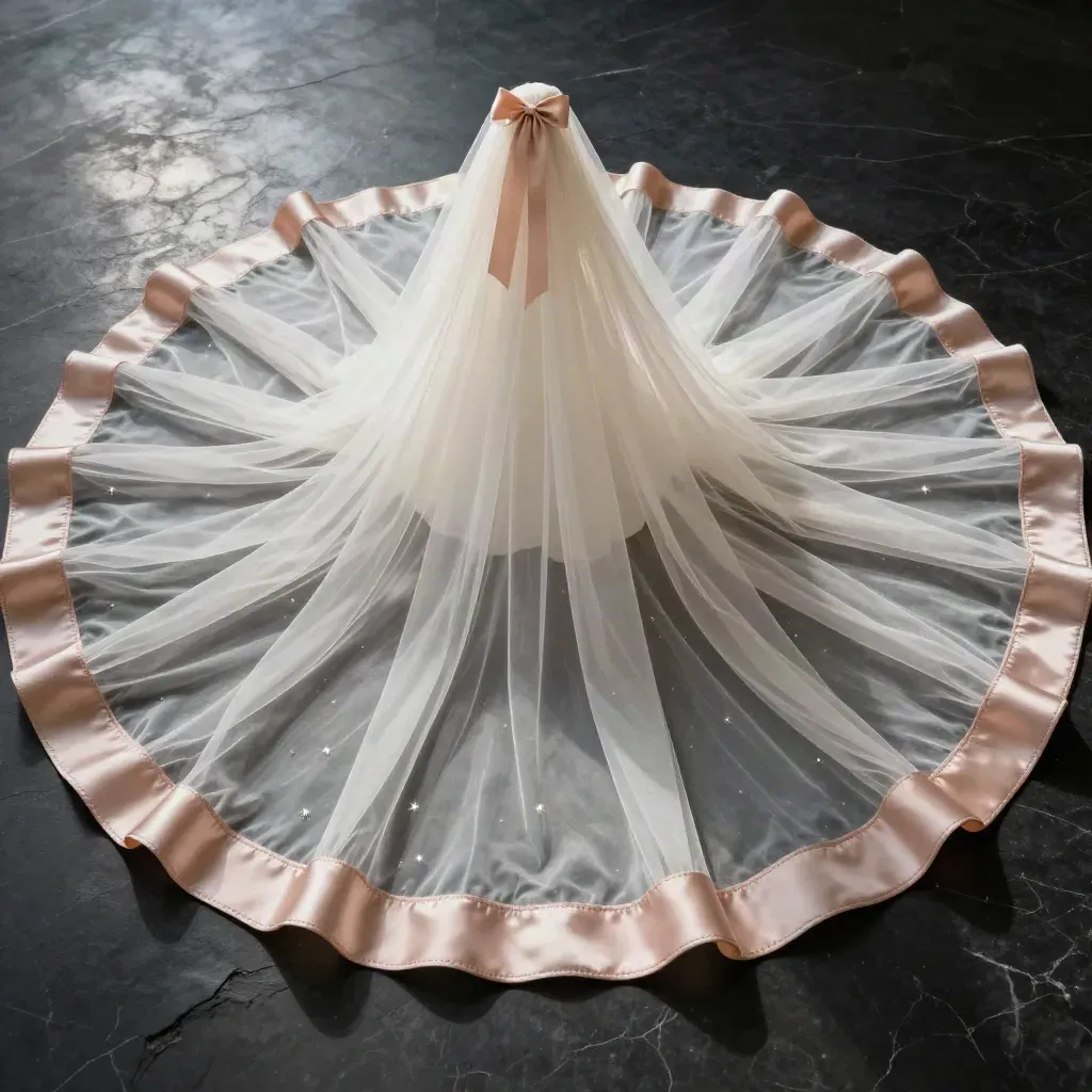 Ivory and blush bridal tulle, ribbon trims, and champagne bows in a dramatic cascading bundle.