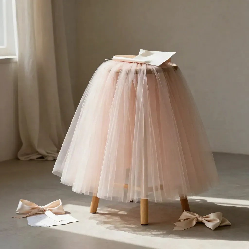 Blush tulle skirt fanned over a pale wood stool with ribbon trim and a satin bow in an airy bridal studio.