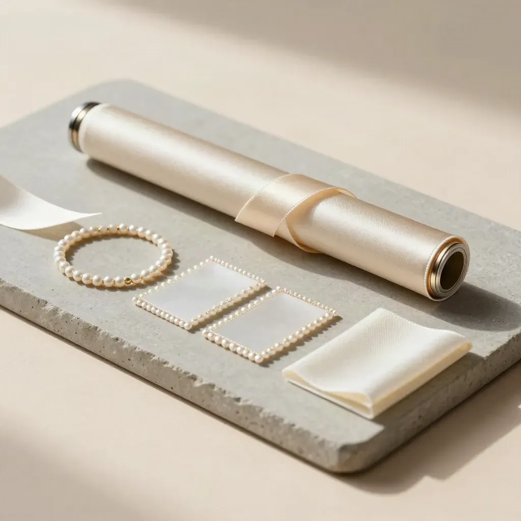 Champagne ribbon roll with pearl trim samples on matte stone, softly lit from above.