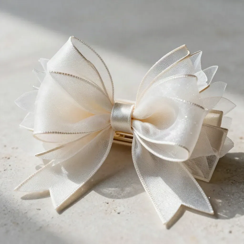 Two floral bow clips on layered tulle petals with cream swatch and trim strip, in soft macro light.