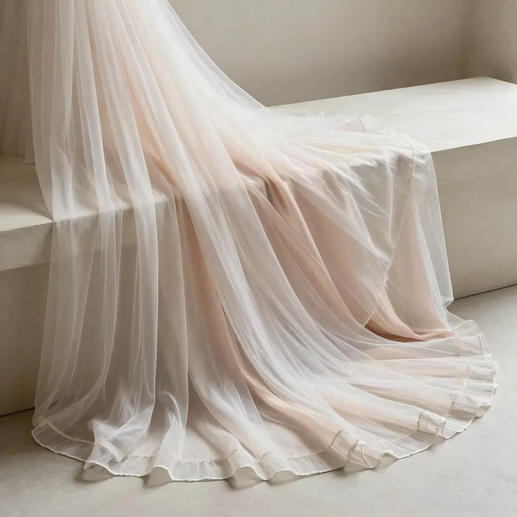 Blush and ivory bridesmaid wrap set cascading across a plaster bench with tulle offcuts and veil edge.