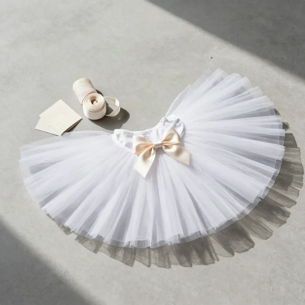 Pearl-white tulle tutu kit, bow and trim coil arranged on pale concrete in a precise overhead flatlay.