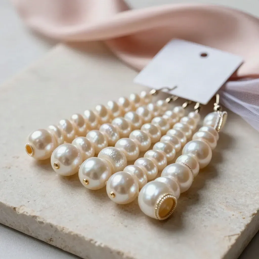 Five pearl trim rolls fanned on pale stone with a blush swatch beside them.