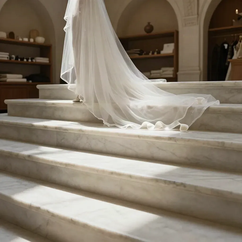 Sunlit marble stair with a sheer bridal veil and blurred atelier arches behind.