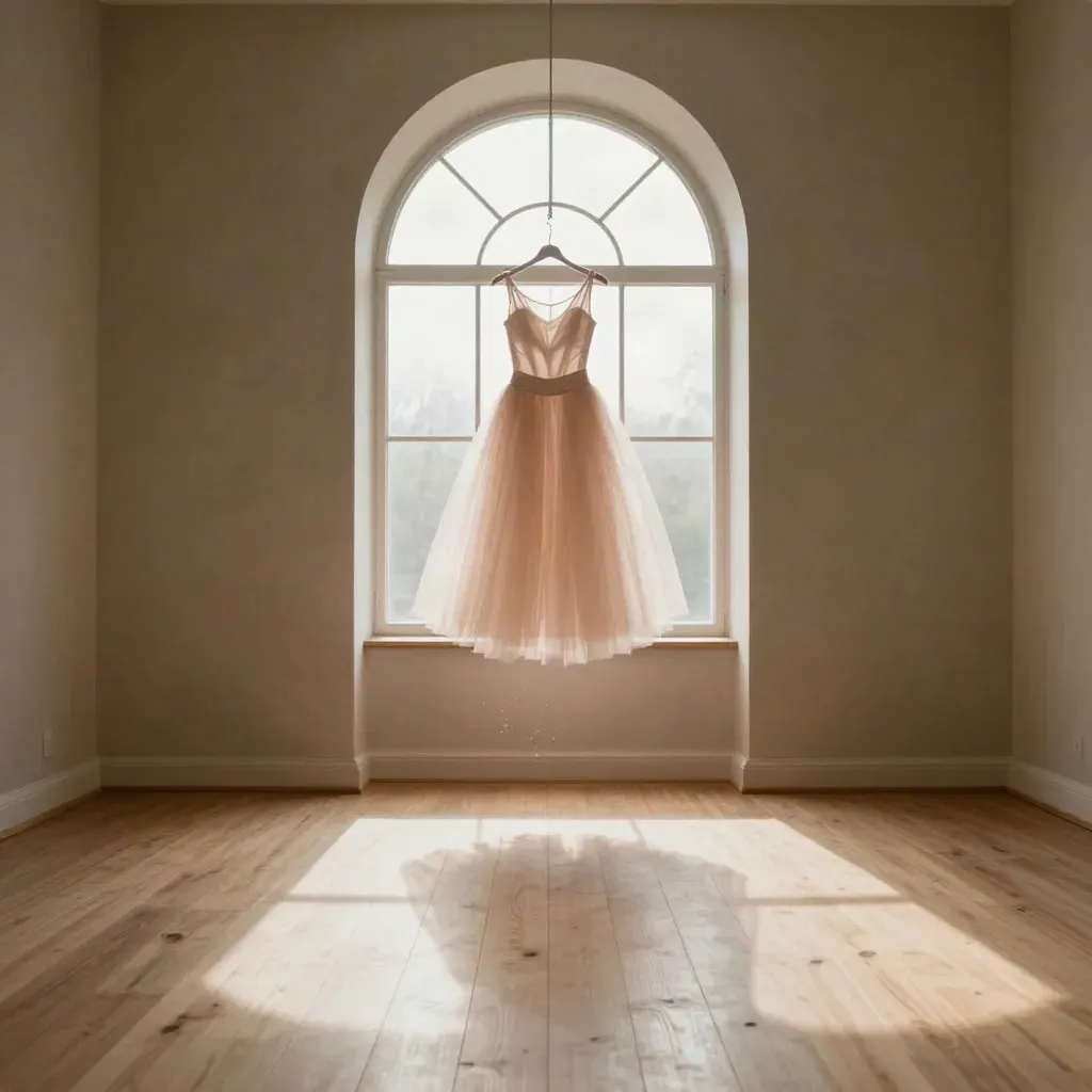 Blush tulle tutu in a sunlit rehearsal studio above a calm pale wood floor.