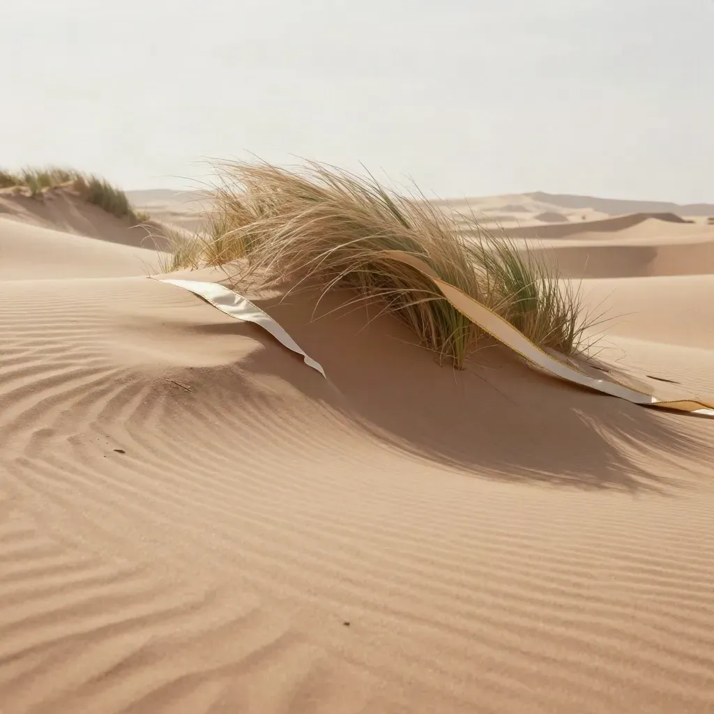 Pale sand dune ridge with ribbon grasses and a folded trim strip in soft golden light.
