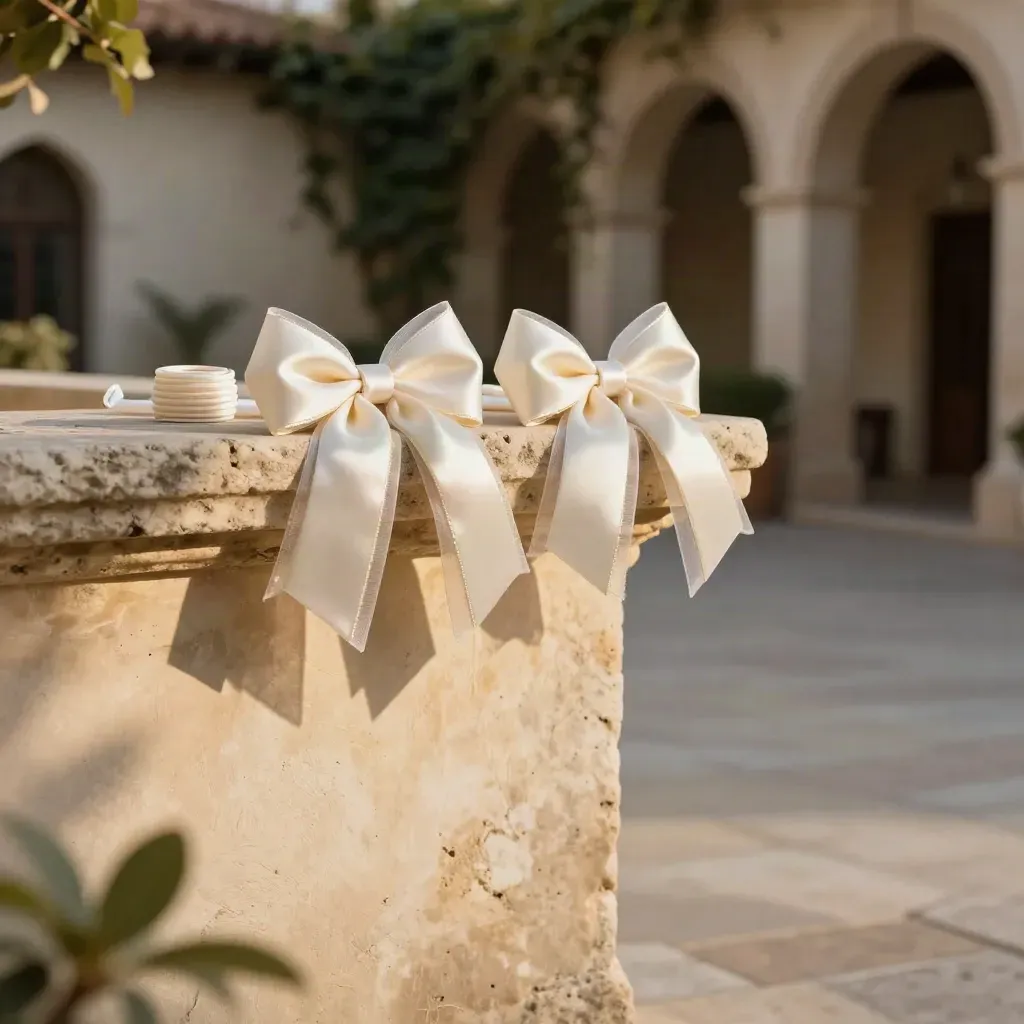 Pale hair bows on a stone ledge in a sunlit courtyard with vines and warm haze.