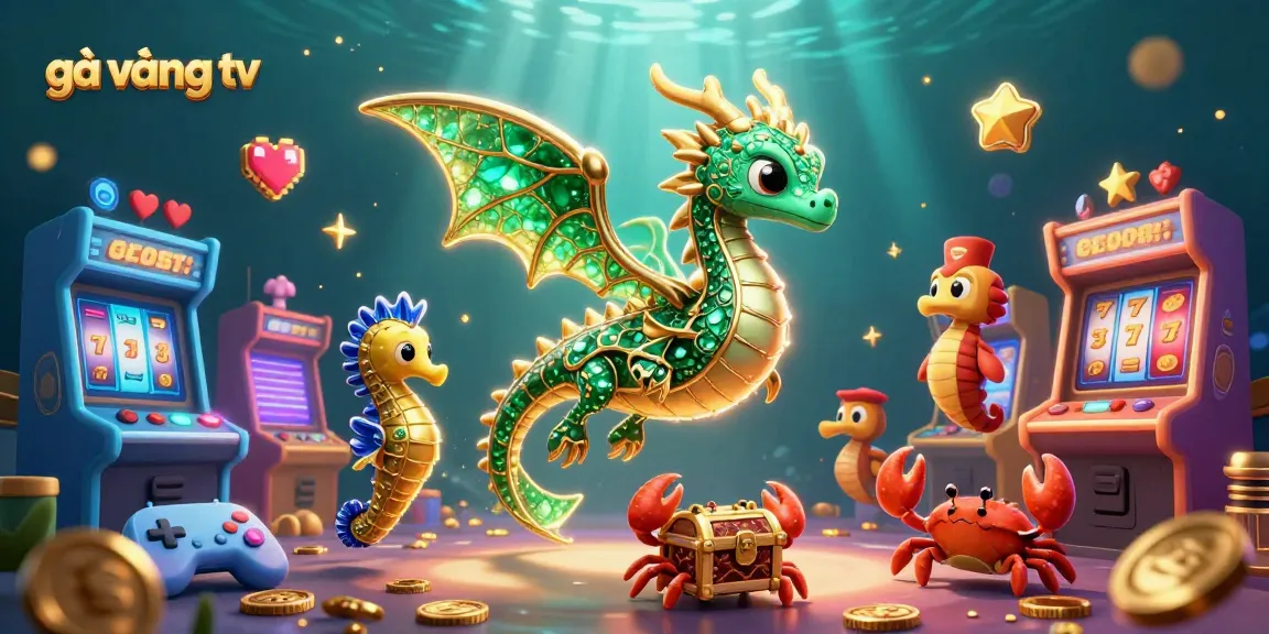 Engage with gà vàng tv in this vibrant sea dragon-themed 3D casino illustration packed with slot game elements.