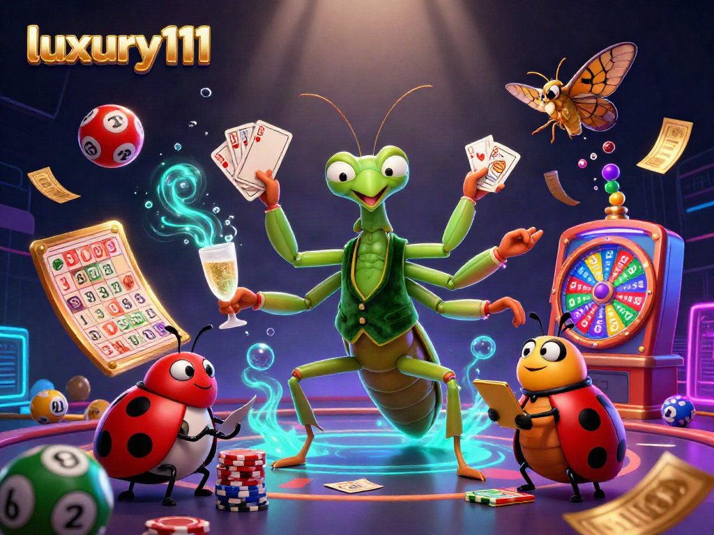 Experience thrilling wins with luxury111 as a giant praying mantis card sharp deals cards in a vibrant casino scene.