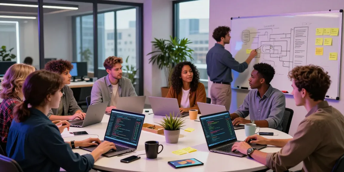 Build internal tools with AI in a collaborative tech workspace where diverse professionals share ideas.