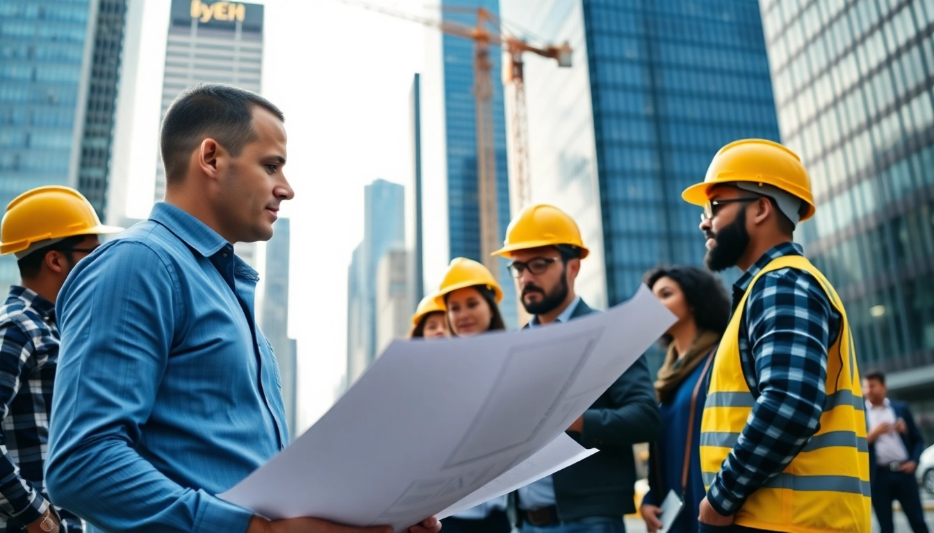 New York Construction Manager leading a project with a diverse team in an urban setting.