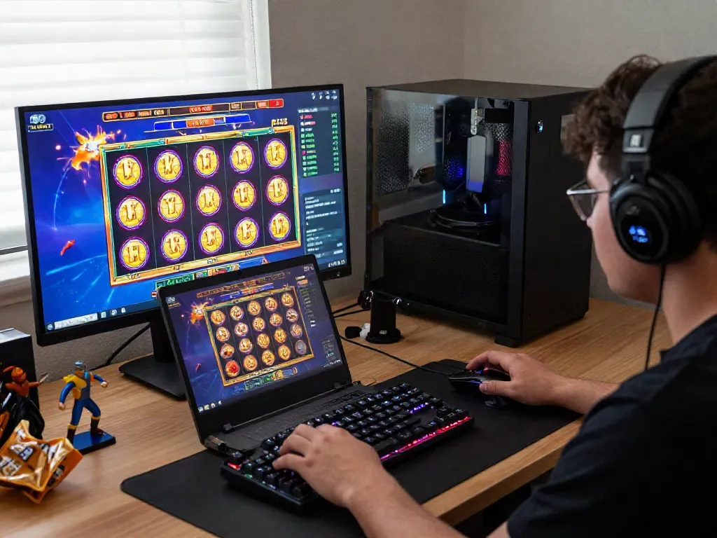 Player enjoying a thrilling slot gacor maxwin game on a laptop in a cozy gaming setup.