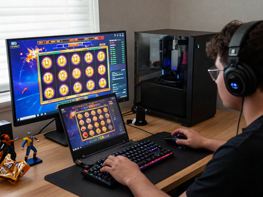 Player enjoying a thrilling slot gacor maxwin game on a laptop in a cozy gaming setup.