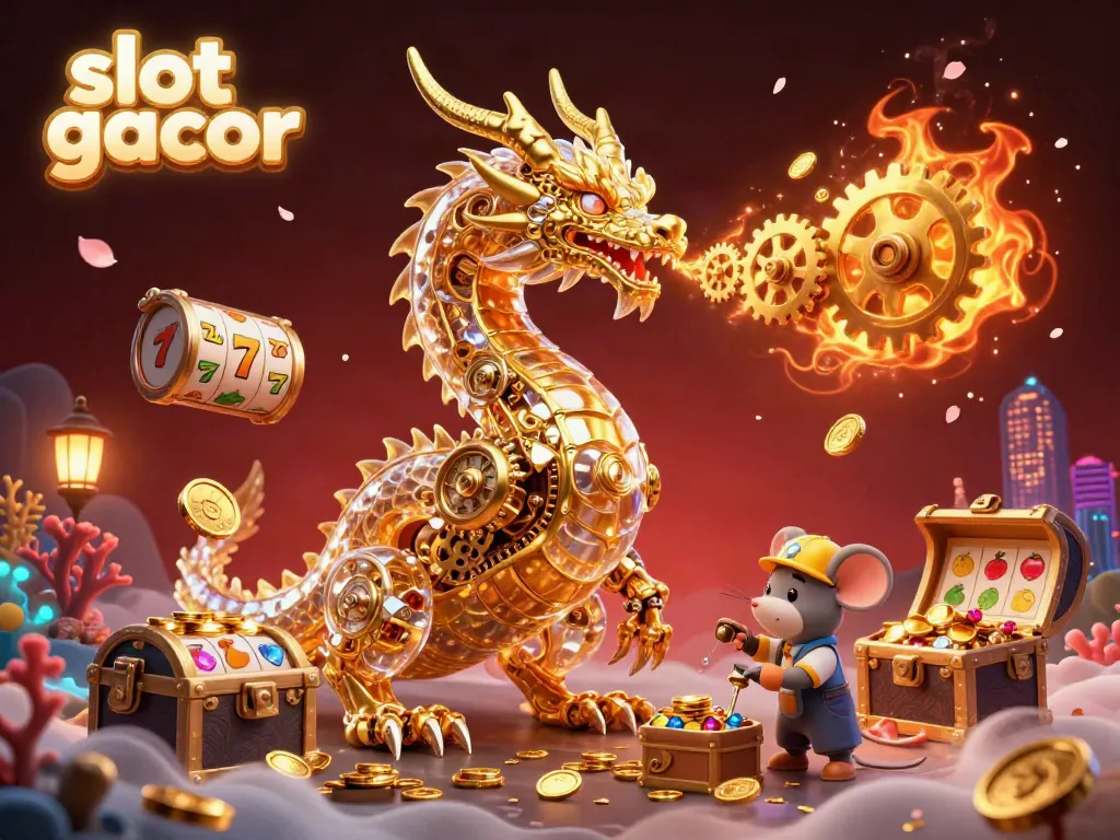 Experience the excitement of slot gacor with a dynamic 3D illustration showcasing vibrant slot game elements and a golden dragon.