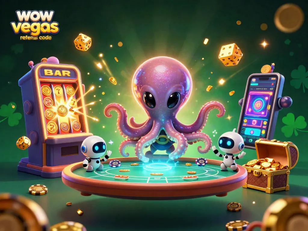 Experience the excitement of WOW Vegas referral code rewards while playing with an alien octopus and coins.