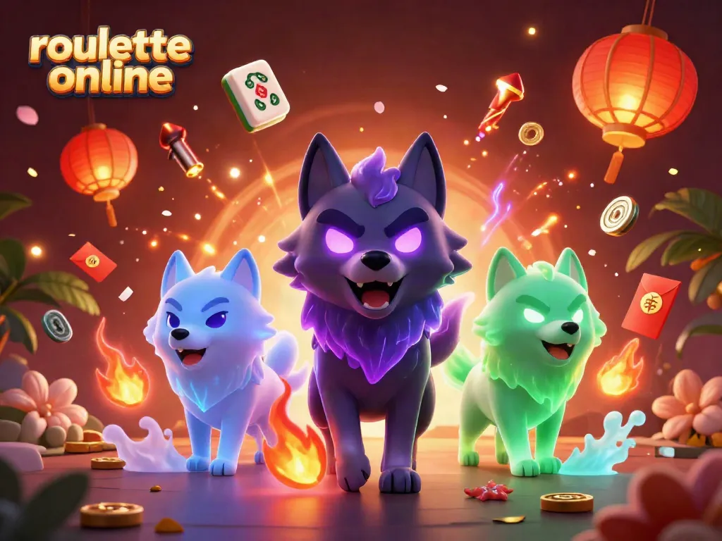 Experience thrilling roullete online action with a vivid 3D illustration capturing ghostly wolves, dynamic game elements, and rich colors.