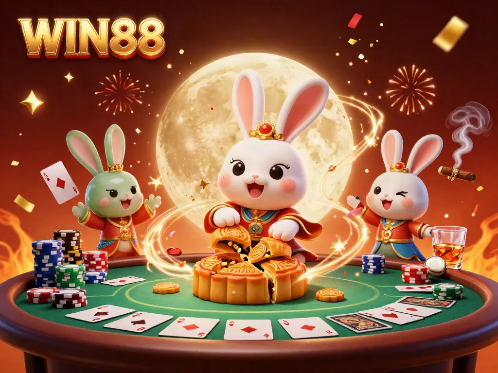 Experience the excitement of WIN88 with a playful moon rabbit and vibrant casino elements!