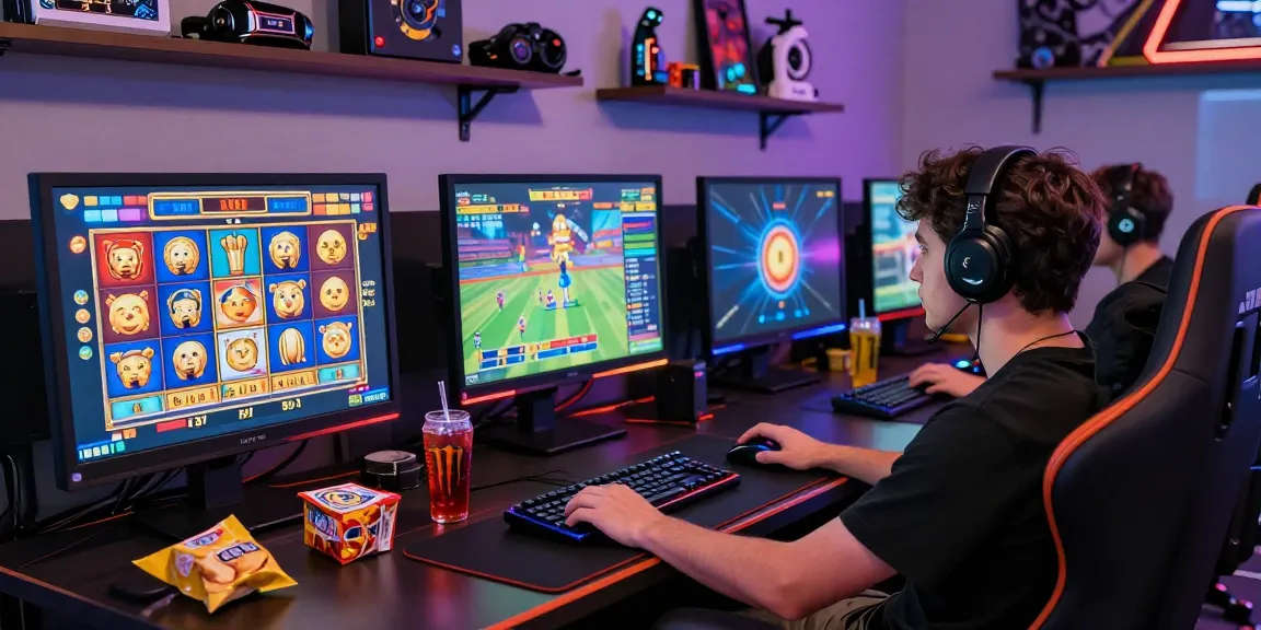Player engaged in situs slot gacor game with vibrant graphics and gaming setup.