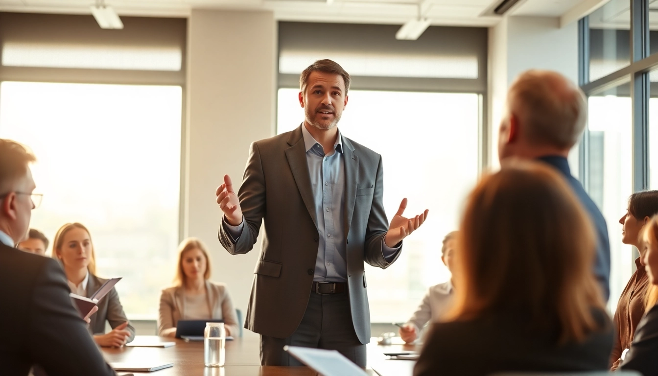 Engaging leader showcases Leadership Communication skills during a corporate meeting.
