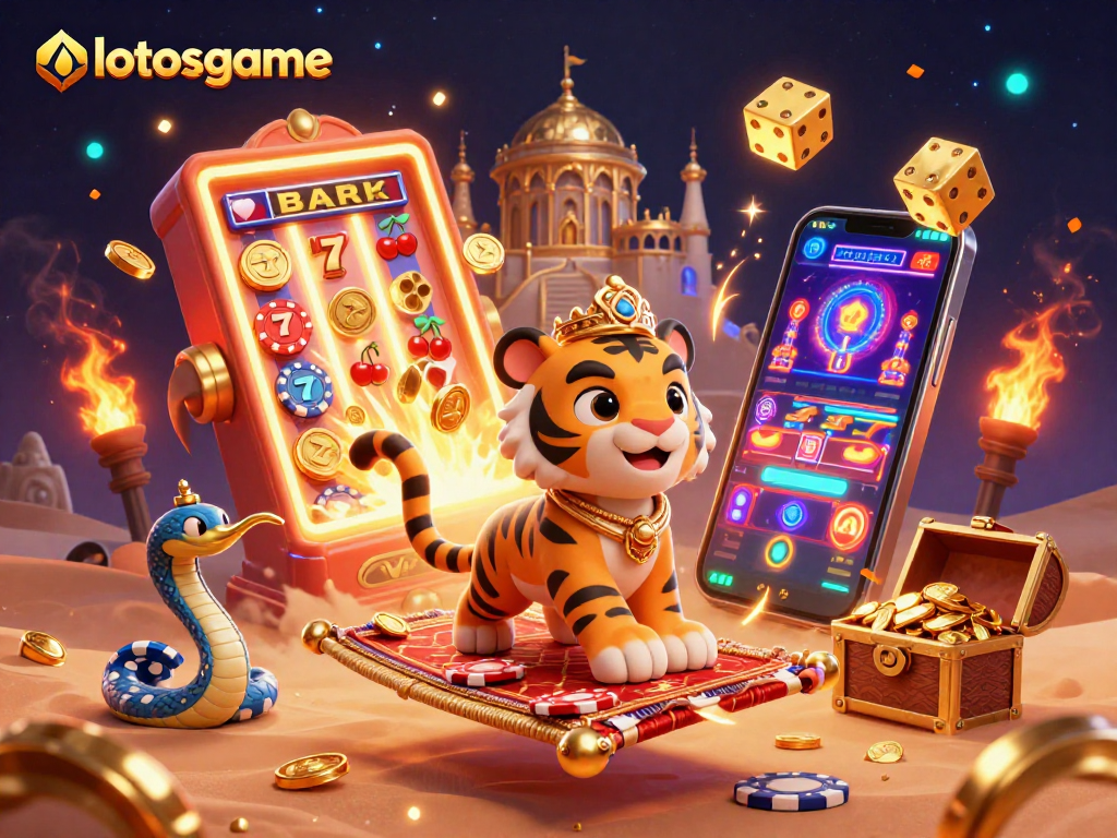 Engage with lotosgame's vibrant 3D casino adventure featuring Arabian characters amidst flying slot machine elements.