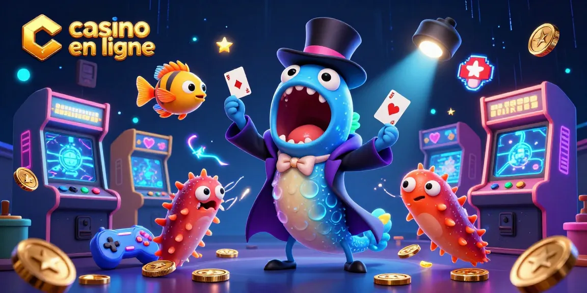 Illustration captivante d'un casino en ligne avec un poisson-lanterne, une anguille de mer, et des éléments de jeu colorés.
