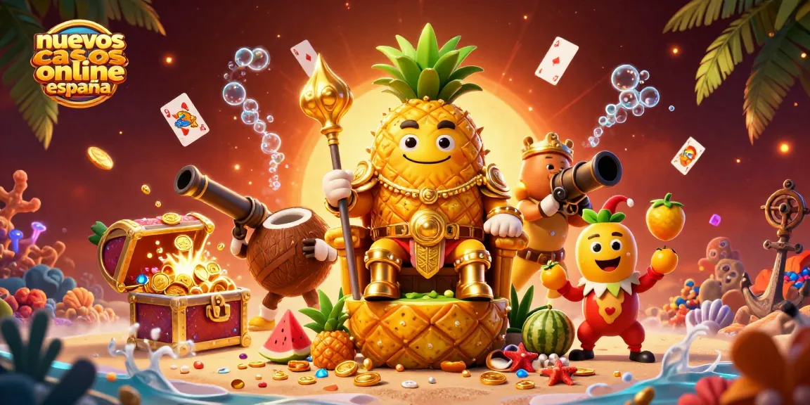 Explora nuevos casinos online España con la mágica escena de un rey piña y sus guardias en acción.
