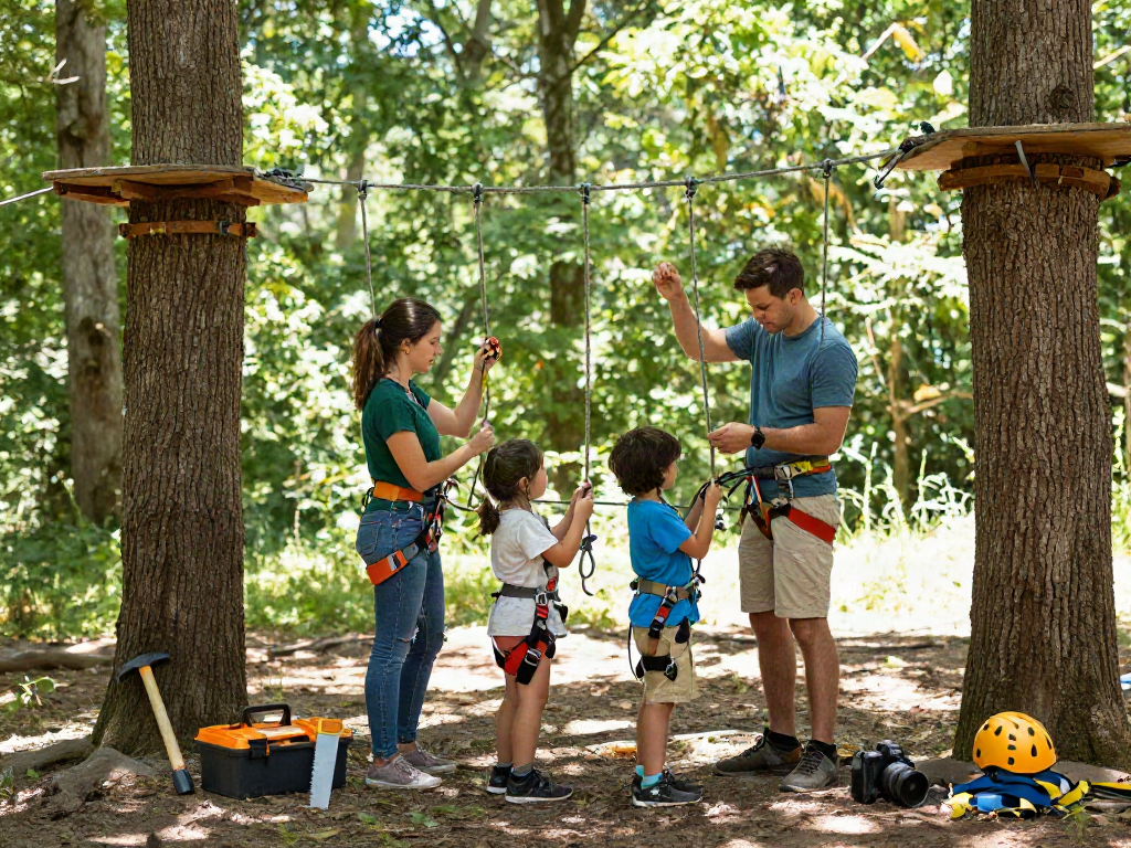 Family building a rope bridge design between trees in a forest, showcasing teamwork and outdoor fun