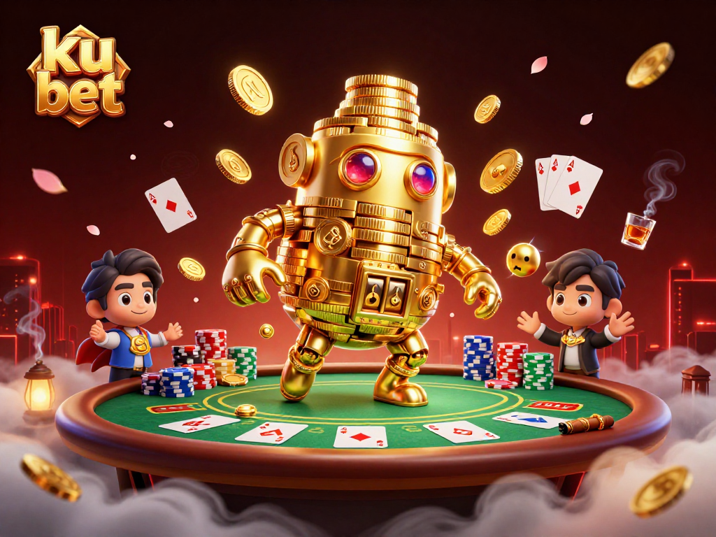 Experience thrilling poker action at ku bet with golden golem and vibrant chip stacks.