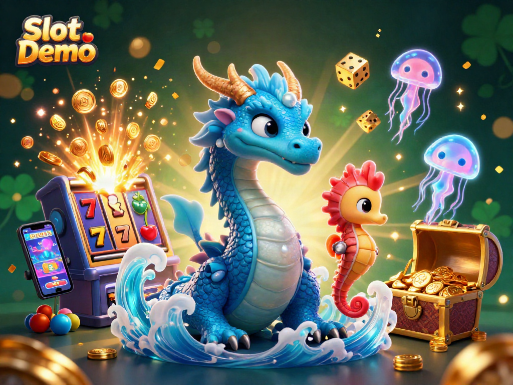 Engage with Slot Demo excitement through vibrant visuals of dragons and slot machines.