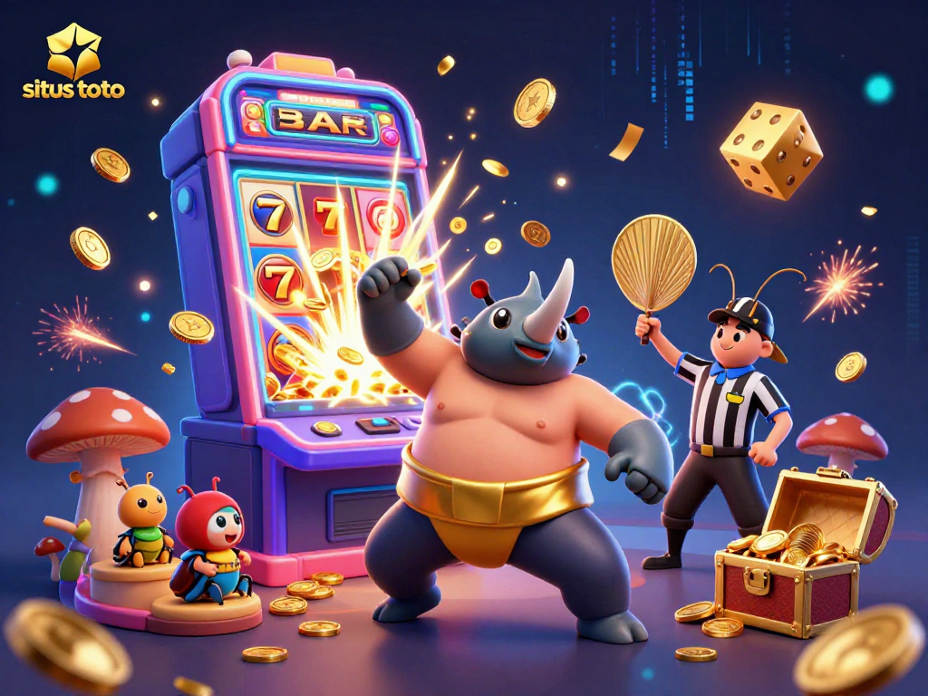 Experience the thrill of situs toto with a vibrant scene of a rhinoceros beetle champion sending coins flying in a casino.