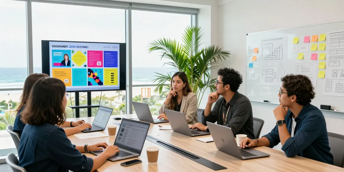 Marketing Agency Gold Coast team collaborating on innovative strategies in a vibrant office.