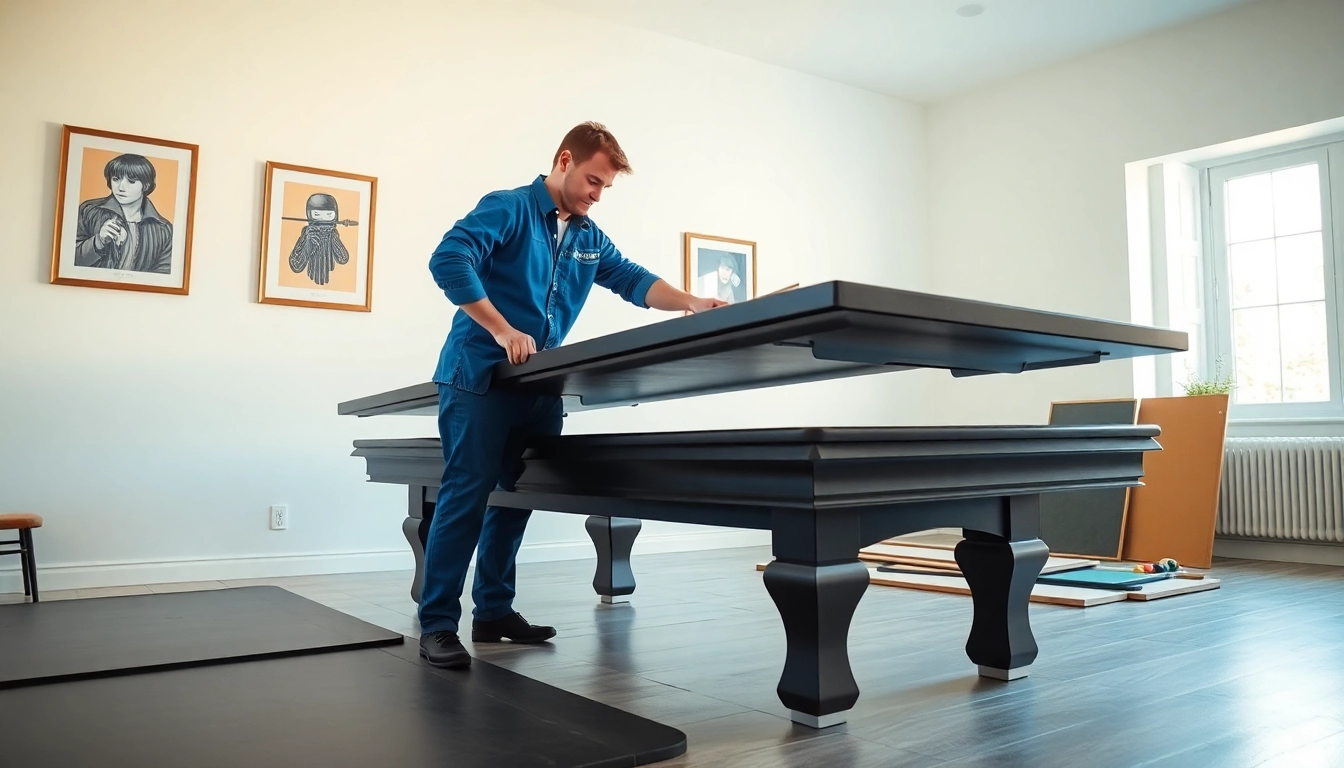 Pool table mover expertly disassembling a slate table in a bright, orderly environment.