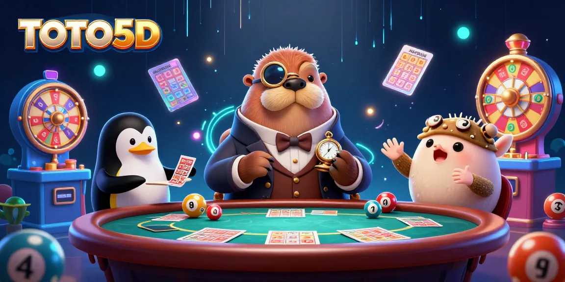 Engage with TOTO5D lottery excitement featuring a jolly walrus, penguin dealer, and pufferfish player.