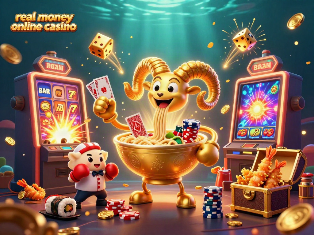 Experience a vibrant scene of a real money online casino with whimsical characters and dynamic game elements.
