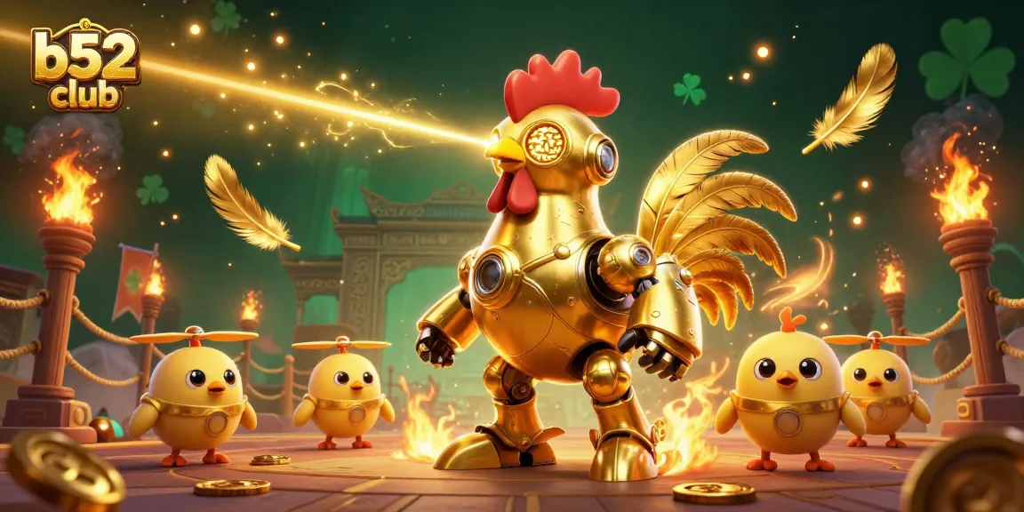 Engage with thrilling games at b52 club featuring a spectacular golden rooster robot in a dynamic casino-themed illustration.