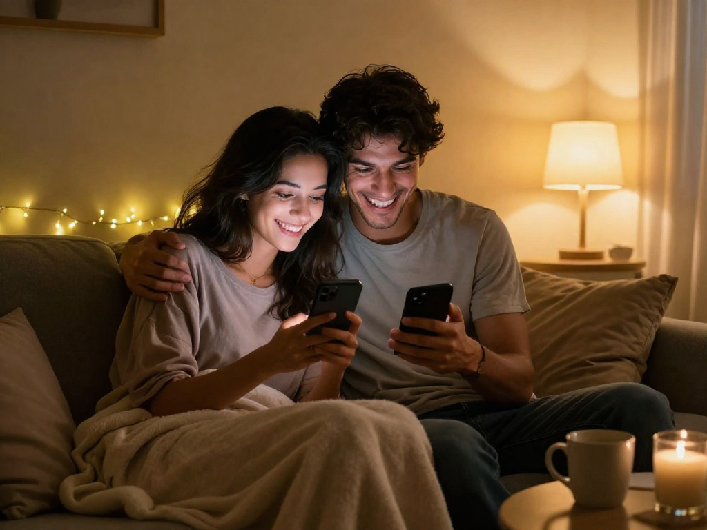 Couple enjoying ai sexting while cozy on a sofa, flirty smartphone messages illuminated by warm lighting.