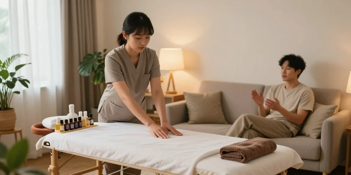 하남출장안마 service with a professional therapist preparing oils in a tranquil home setting.