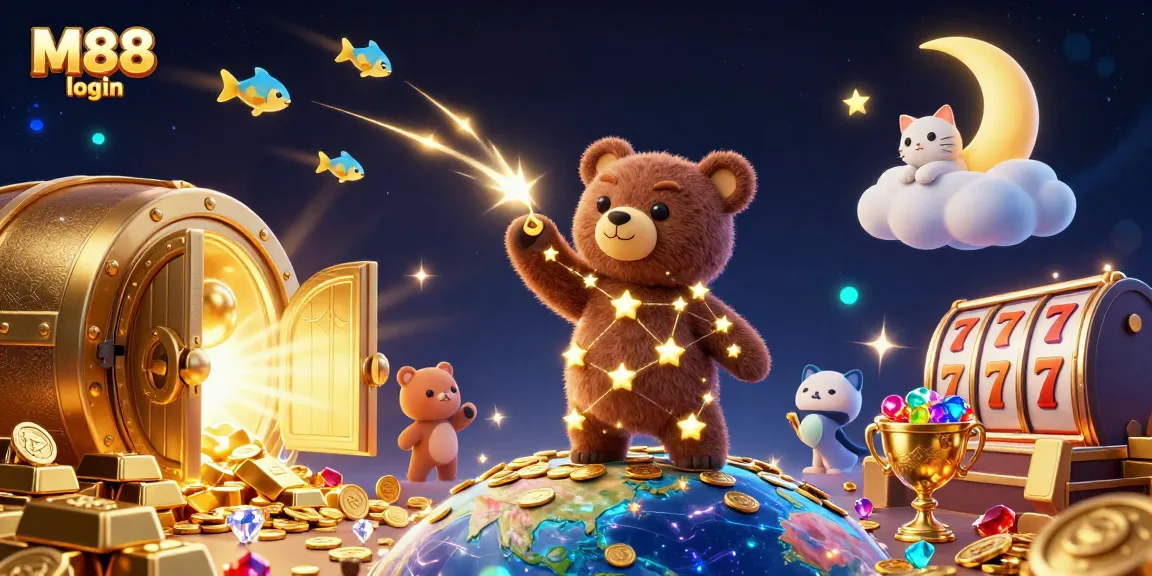 Experience M88 login, where a constellation bear, gold coins, and slot machine elements create a vibrant casino scene.