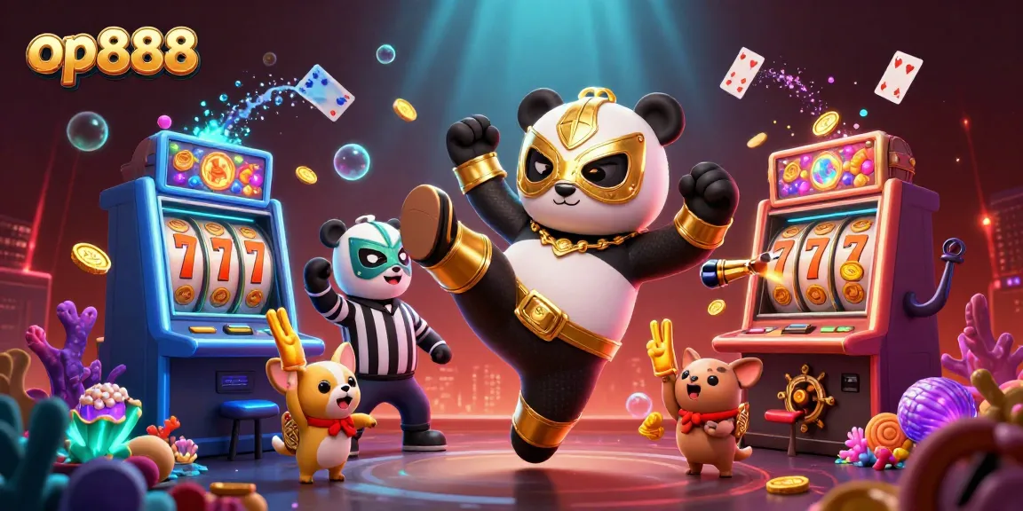 Experience op888's thrilling slot adventure with a 3D animated panda wrestler and animal crowd
