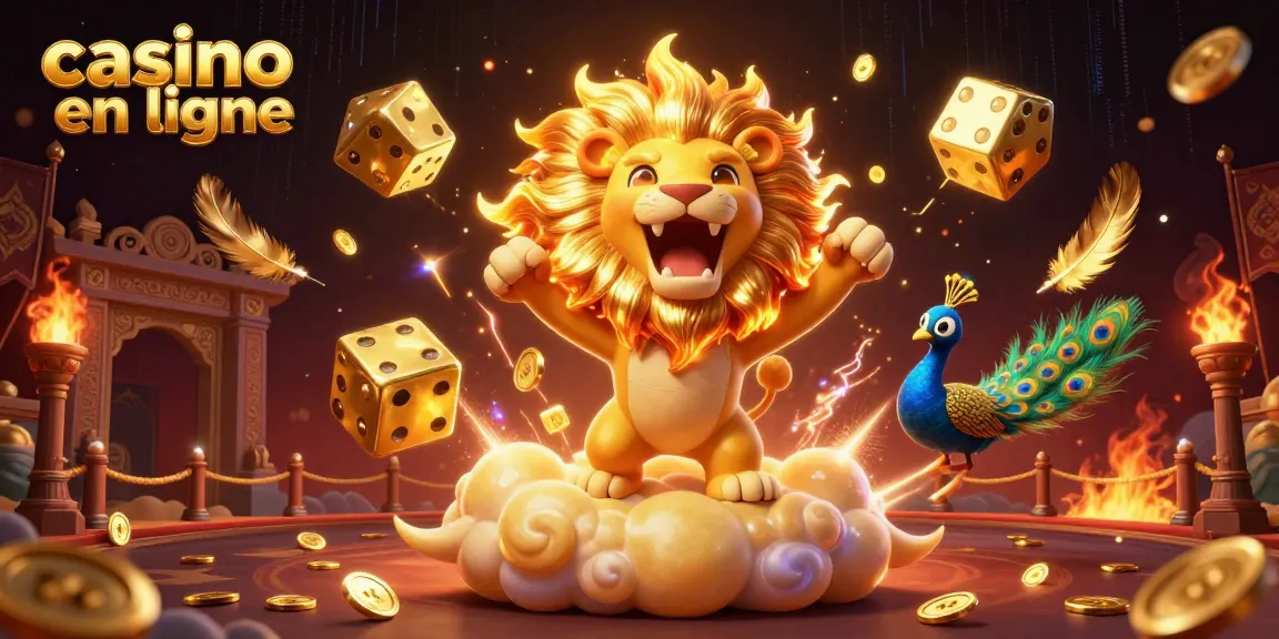 Jouez au casino en ligne avec ce lion en 3D et des éléments de jeu envoûtants autour de lui.