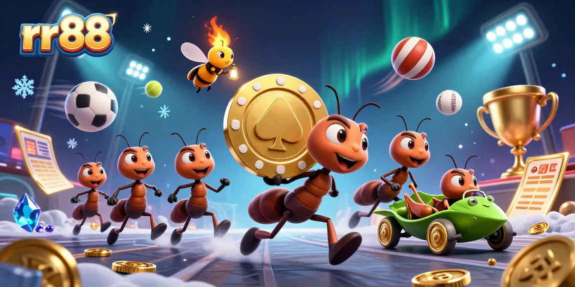 rr 88 team of ants stealing a giant poker chip in a dynamic casino illustration with vibrant sports elements
