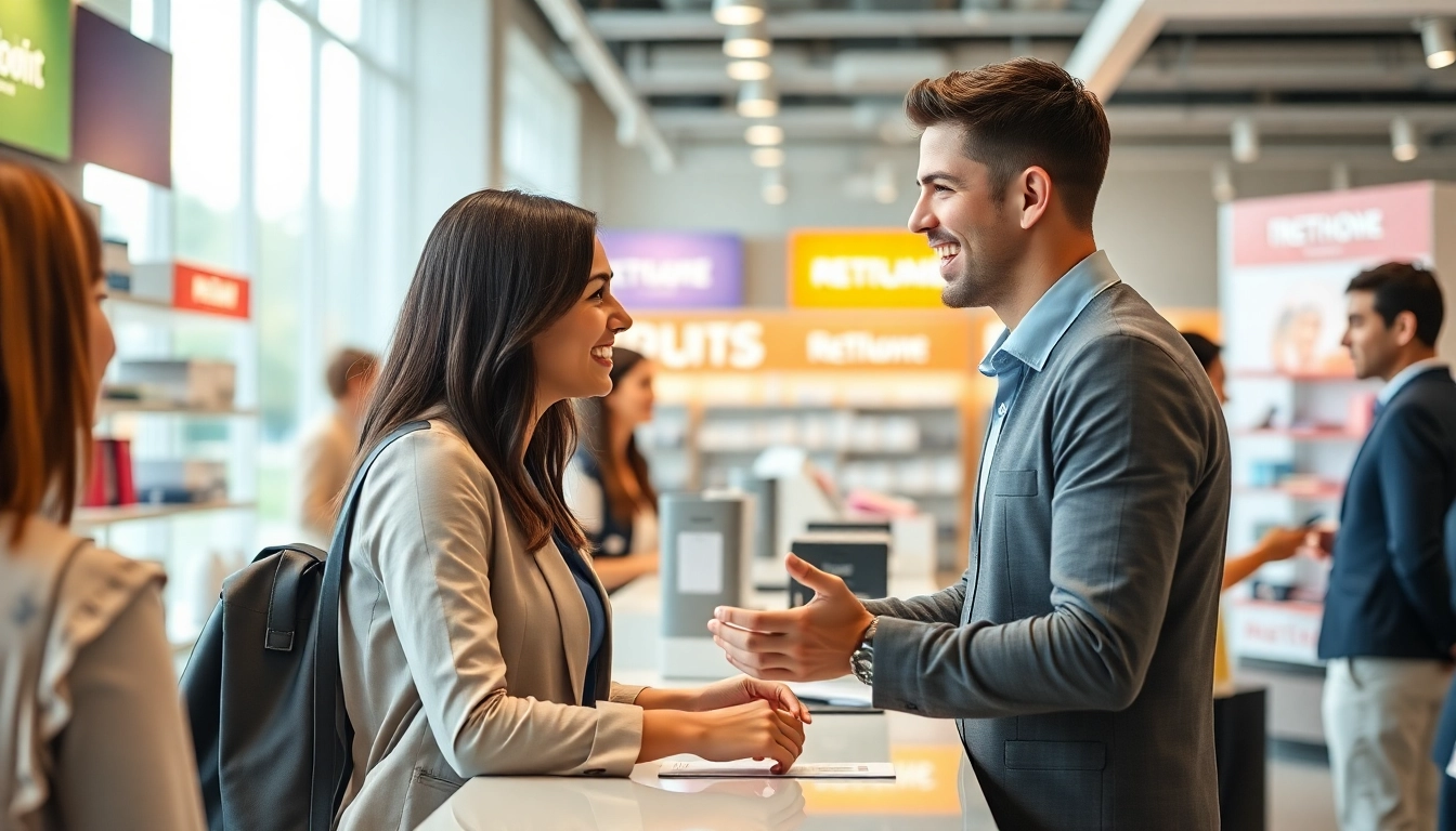 Salesperson showcasing products with enthusiasm in a vibrant retail environment.