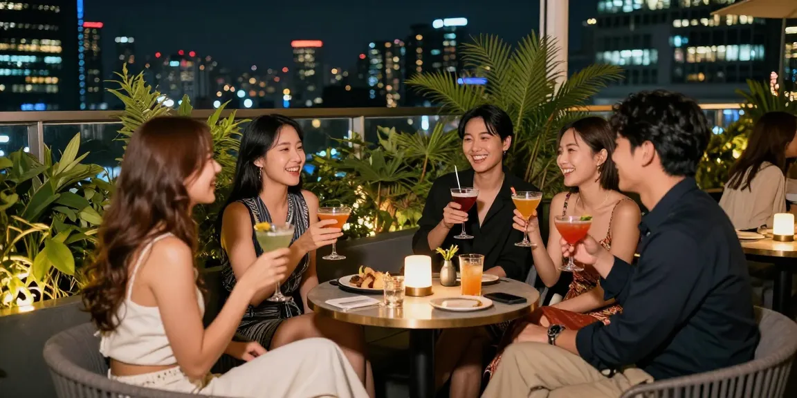 강남 세이렌에서 친구들과 함께 즐거운 저녁을 보내는 세련된 라이프스타일 장면
