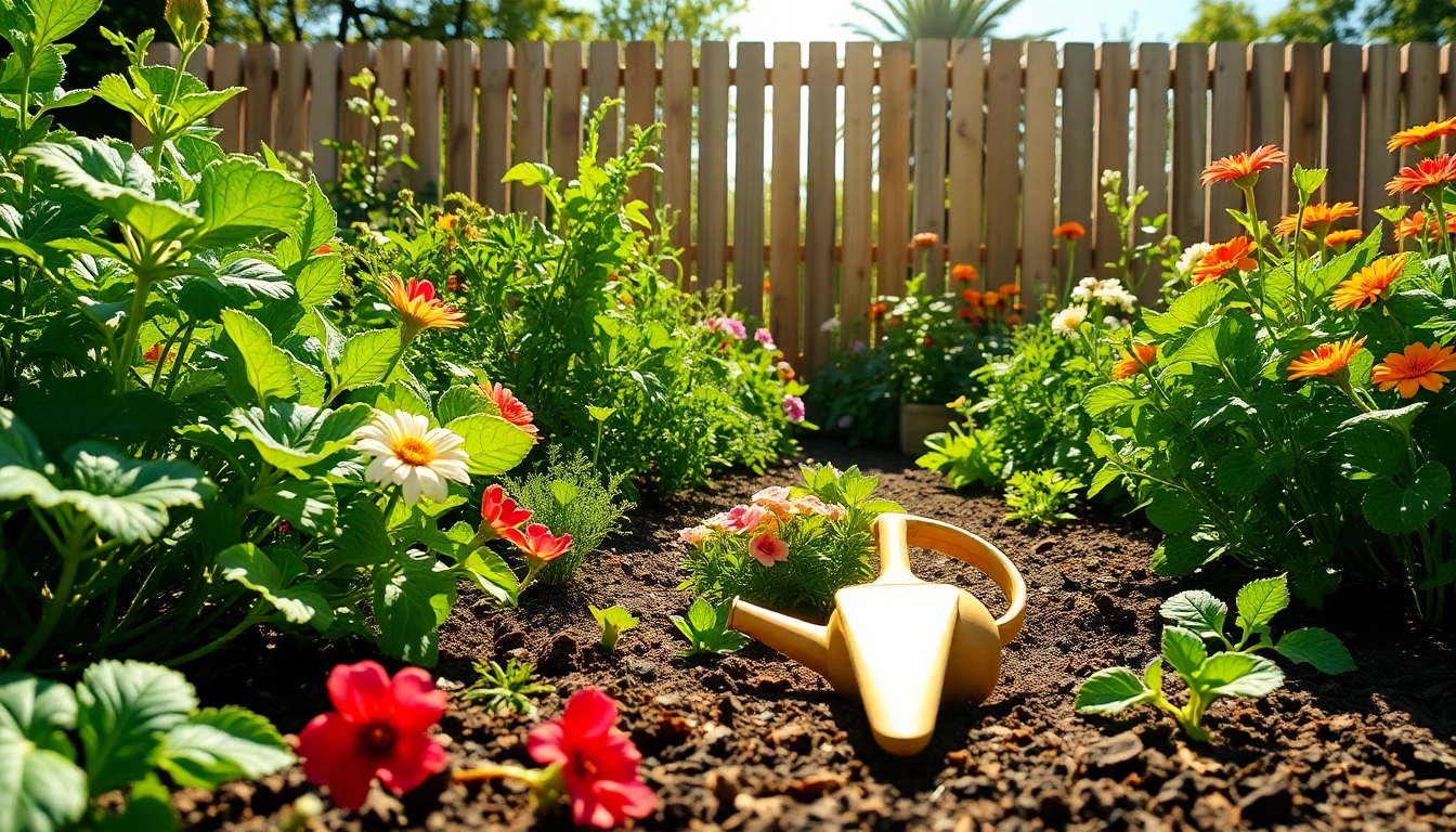 Gardening scene with vibrant plants, tools, and a colorful garden atmosphere.