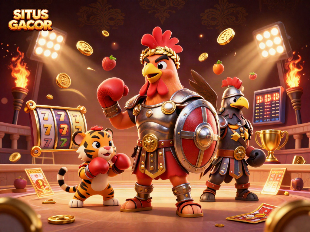 Experience thrilling action at SITUS GACOR with a dynamic casino scene showcasing slot reels and champions!